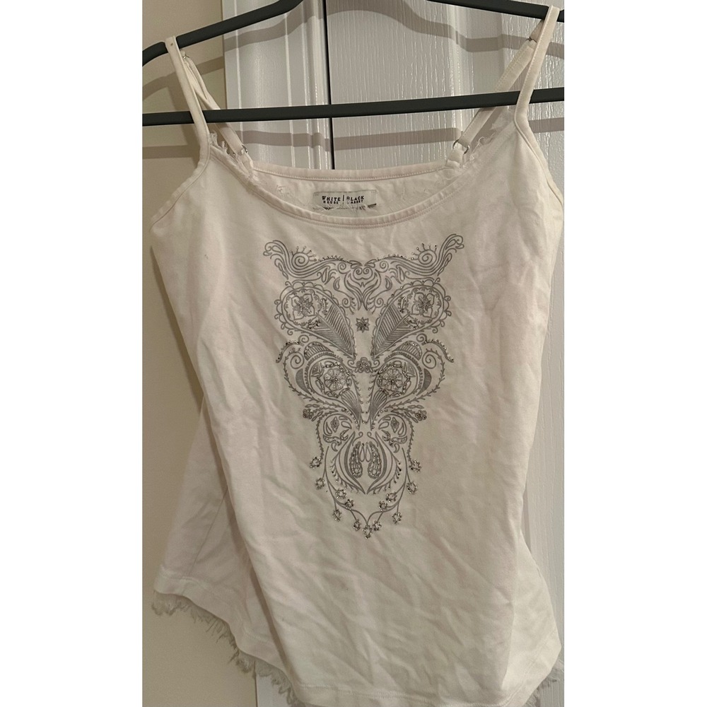 White House Black Market Beaded Medallion‎ Camisole White Silver Lace Trim M